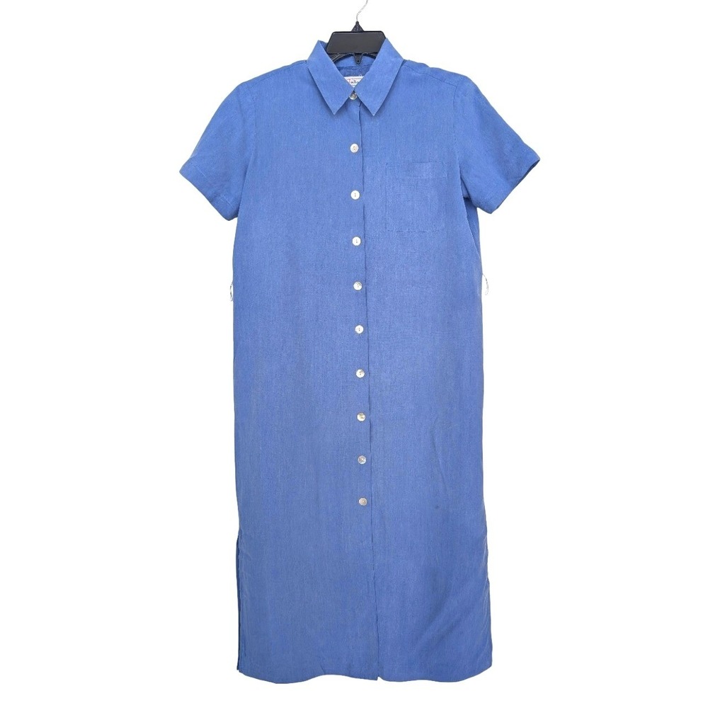 Talbots Petite 100% Silk Shirt Dress Womens Blue Button Front Midi Short Sleeve